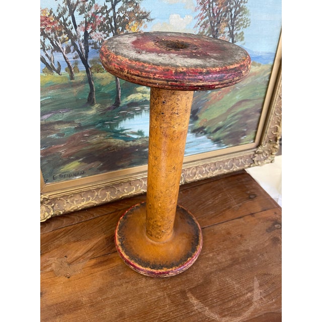 1970s Industrial Wooden Textile Mill Bobbin or Spool With Red Painted Ends For Sale - Image 5 of 10