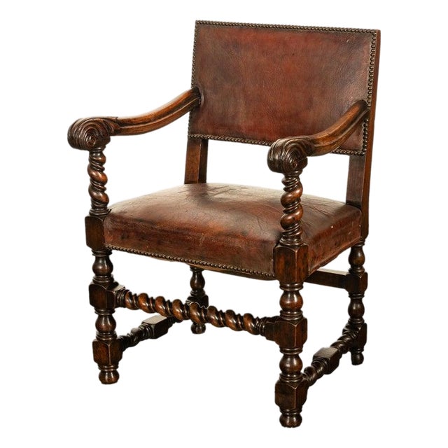 Antique Italian Baroque Leather & Barley Twist Carved Mahogany Arm Chair 1820 For Sale