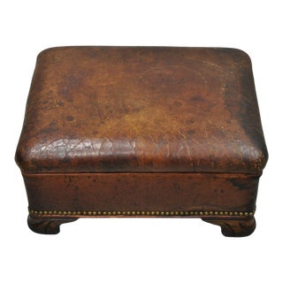 Antique English Brown Distressed Leather Art Deco Club Chair Ottoman Footstool For Sale