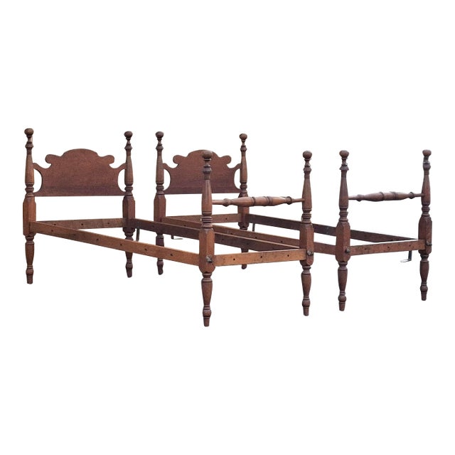 Pair 19th Century Early American Style Walnut Converted Semi-Poster Twin Rope Bedframes For Sale