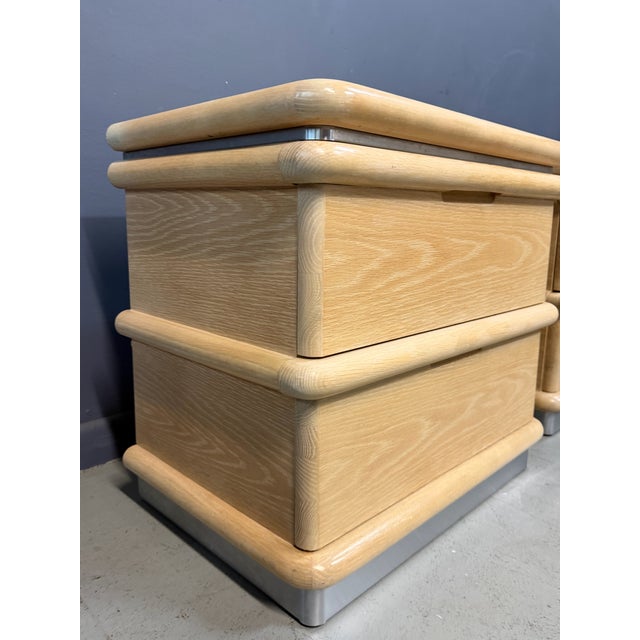 1990s Pair of Jay Spectre for Century Cerused Oak Nightstands With Brushed Steel Bases For Sale In Philadelphia - Image 6 of 9