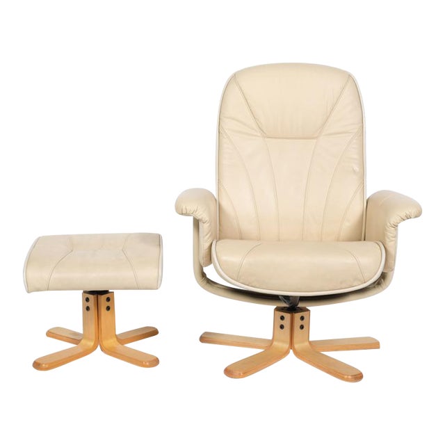 Bently Collection Mid Century Cream Leather Swivel Chair And Stool A Pair Chairish