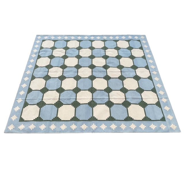 Cotton Vegetable Dyed Blue & Green Tile Pattern Reversible Rug - 8'x10' These special flat-weave dhurries are hand-woven...