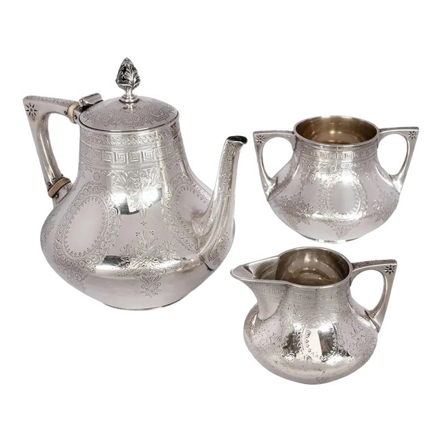 1878 Antique Barnard Brothers London Aesthetic Movement Sterling Silver Tea Set- 3 Pieces For Sale