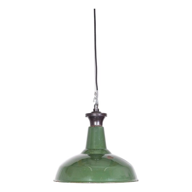 Industrial Green Enamel Pendant Lamp, 1940s For Sale
