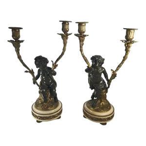 Mid 19th Century Patinated Bronze Figural Putti Candelabra - a Pair