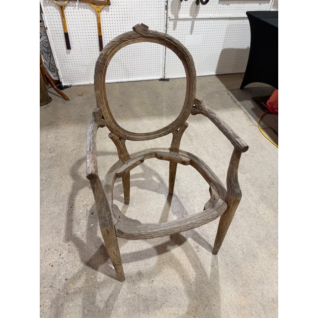 Pair of Vintage Louis XVI Style Hand-Carved Faux Bois Wood Armchairs – Upholstery Ready For Sale - Image 10 of 10
