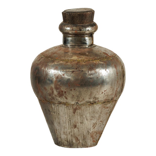 Vintage Indian Handcrafted Metal Water Vessel with Wooden Stopper For Sale