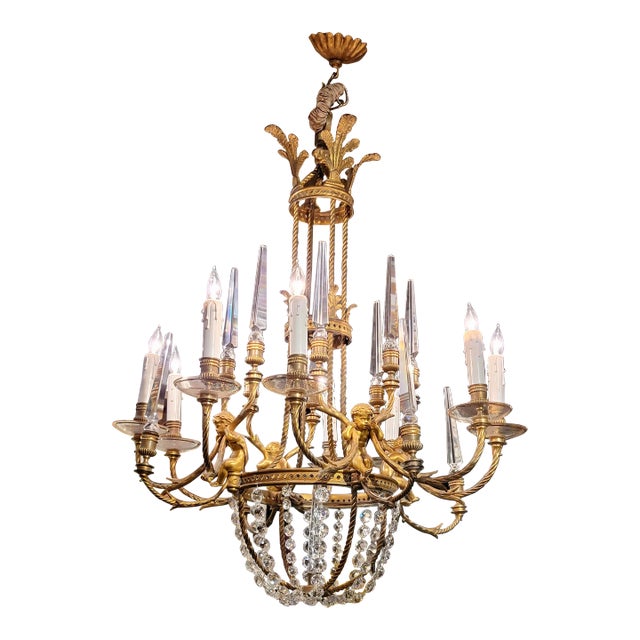 19th Century French Gilt Bronze Chandelier W/4 Cherubs & Crystals For Sale