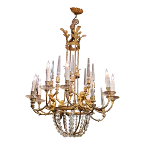 19th Century French Gilt Bronze Chandelier W/4 Cherubs & Crystals