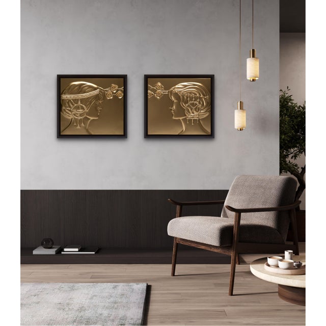 Pair of Secessionist Reliefs Made After Georg Klimt, Sculptural Golden Bas Relief With Female Profiles, Wall Object For Sale - Image 12 of 18