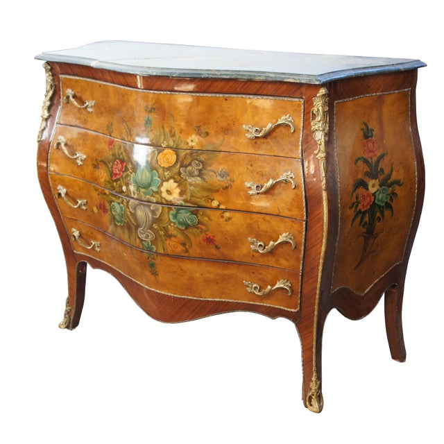 French French Louis XV Style Mahogany & Birdseye Maple Bombe Commode Chest of Drawers For Sale - Image 3 of 12