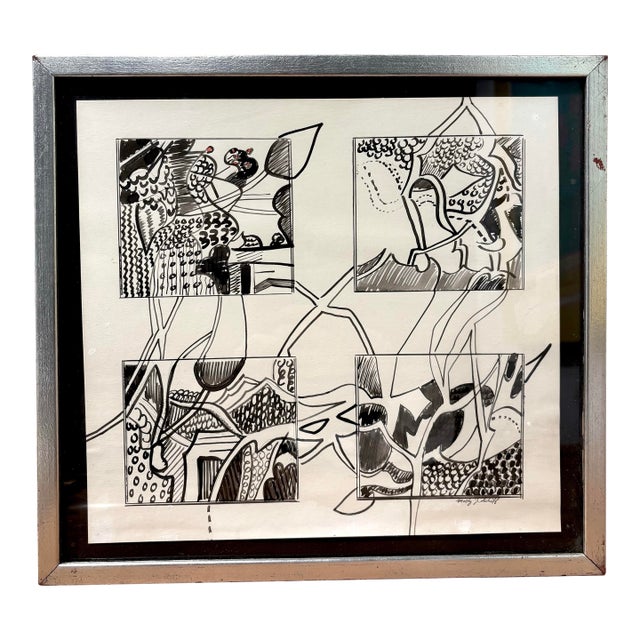 Vintage Abstract Ink Drawing by Molly Schiff For Sale