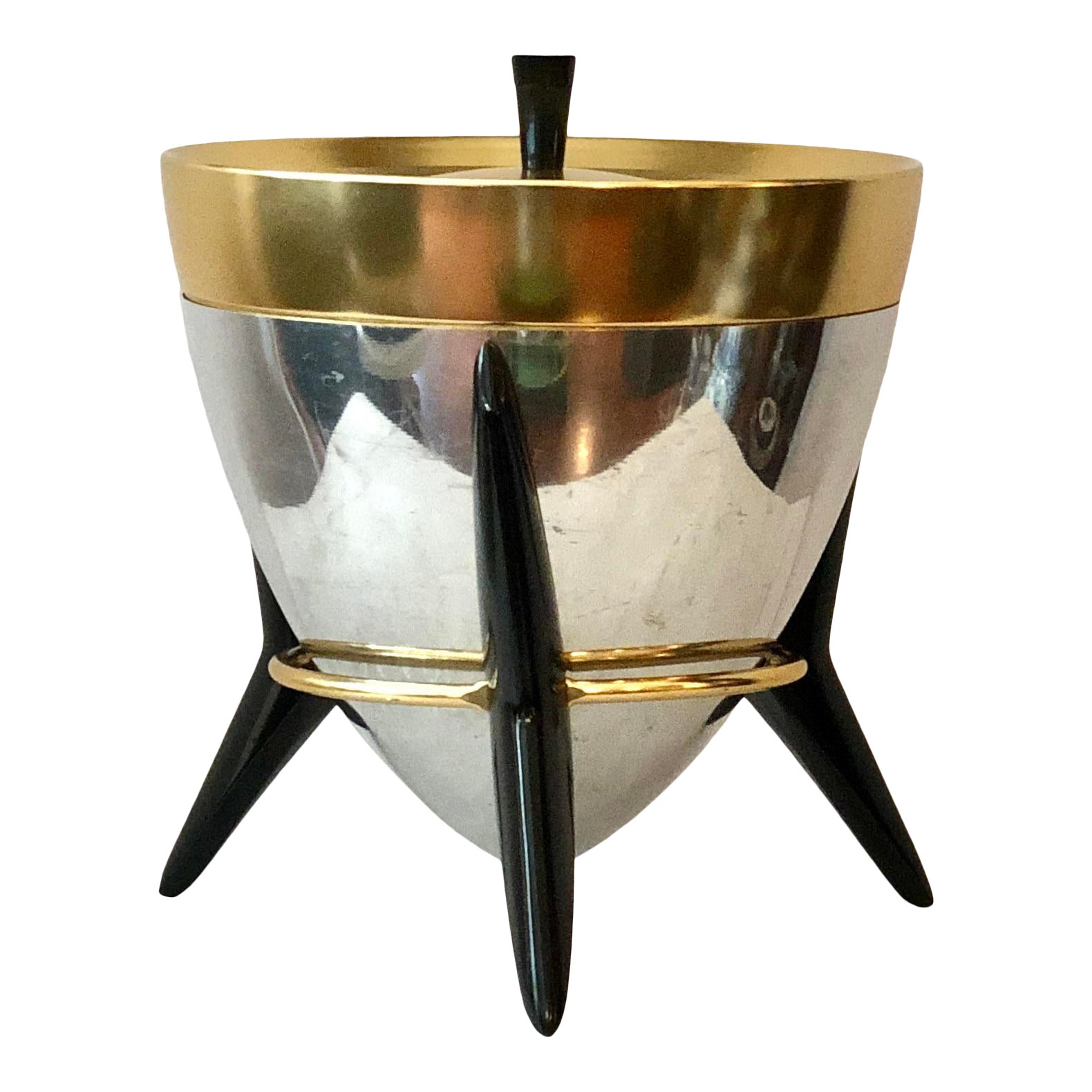 Vintage Mid Century Modern Atomic Aluminum Bullet Ice Bucket With Stand
