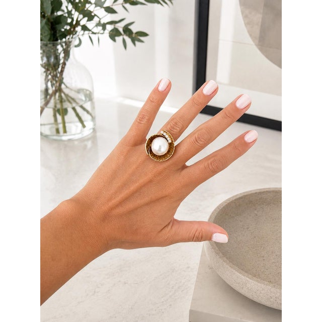 Vintage Italian 18k Gold South Sea Pearl and Diamond Cocktail Ring, 1970s, Size 5.5 For Sale - Image 14 of 15