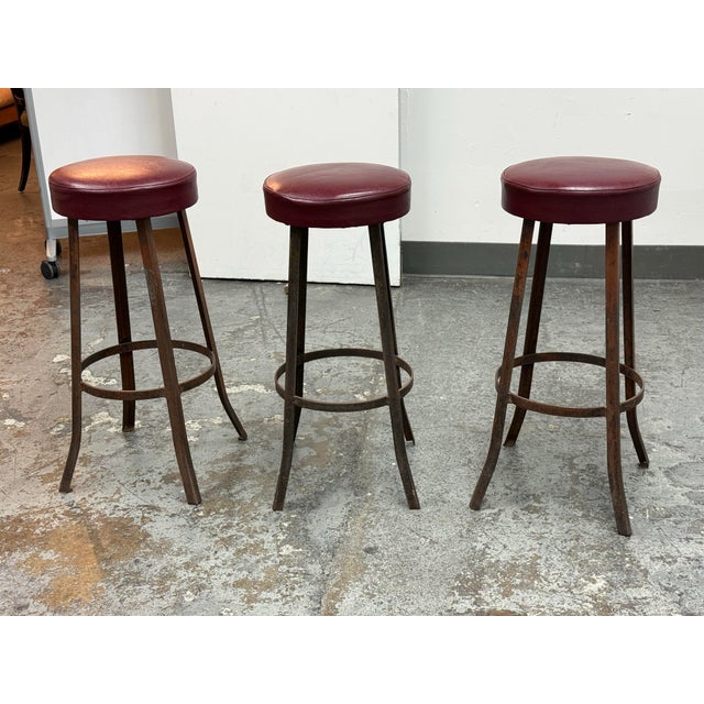 Mid 20th Century Burgundy Vinyl + Metal Bar Stools, Set of Three For Sale In San Francisco - Image 6 of 12