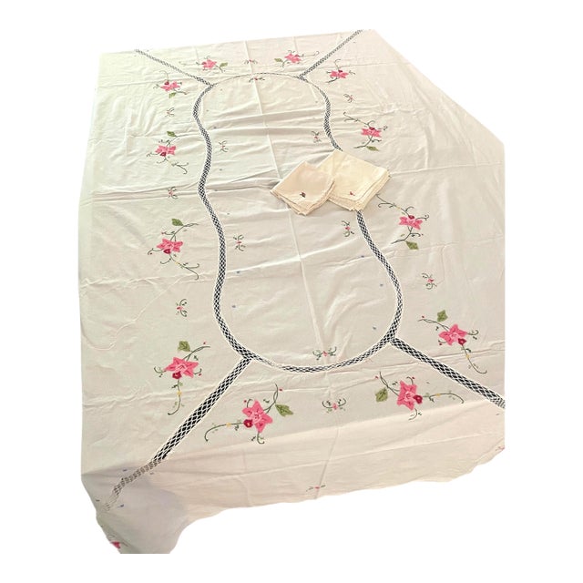 Vintage Linen Tablecloth – Pink Floral Appliqué and Cutwork, 92" For Sale