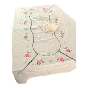 Vintage Linen Tablecloth – Pink Floral Appliqué and Cutwork, 92"