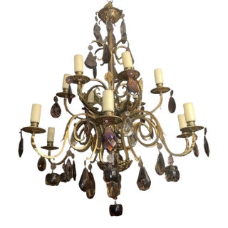 French Early 20th Century Brass and Bronze Chandelier W Mixed Cut Crystal Colors For Sale