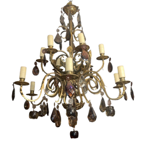 French Early 20th Century Brass and Bronze Chandelier W Mixed Cut Crystal Colors