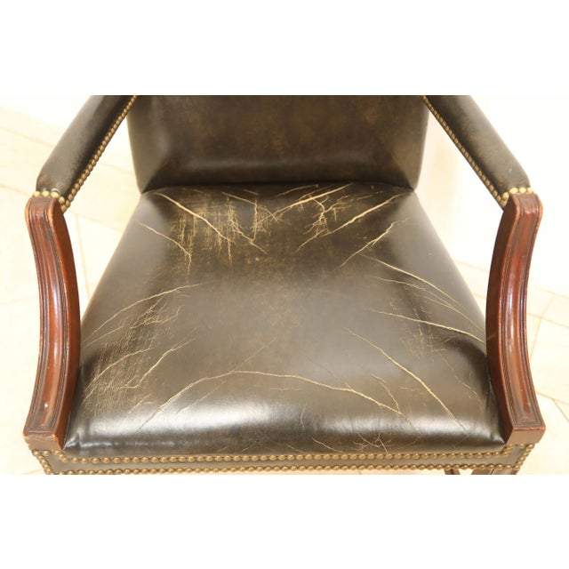 Victorian Vintage Kindel Armchair With Worn Distressed Black Leather For Sale - Image 3 of 12