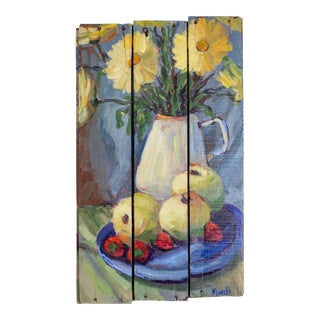 Still Life Impressionist Painting of Fruit and Daisies on Antique Wooden Crate For Sale