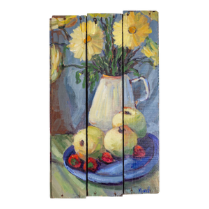 Still Life Impressionist Painting of Fruit and Daisies on Antique Wooden Crate
