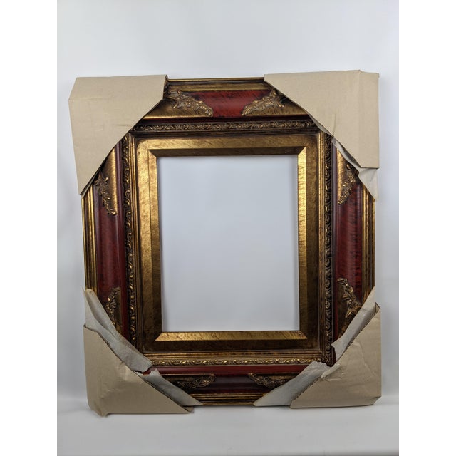 Ornate Red and Antique Gold Gilt Wood Picture Frame With Baroque-Style Relief For Sale - Image 10 of 12