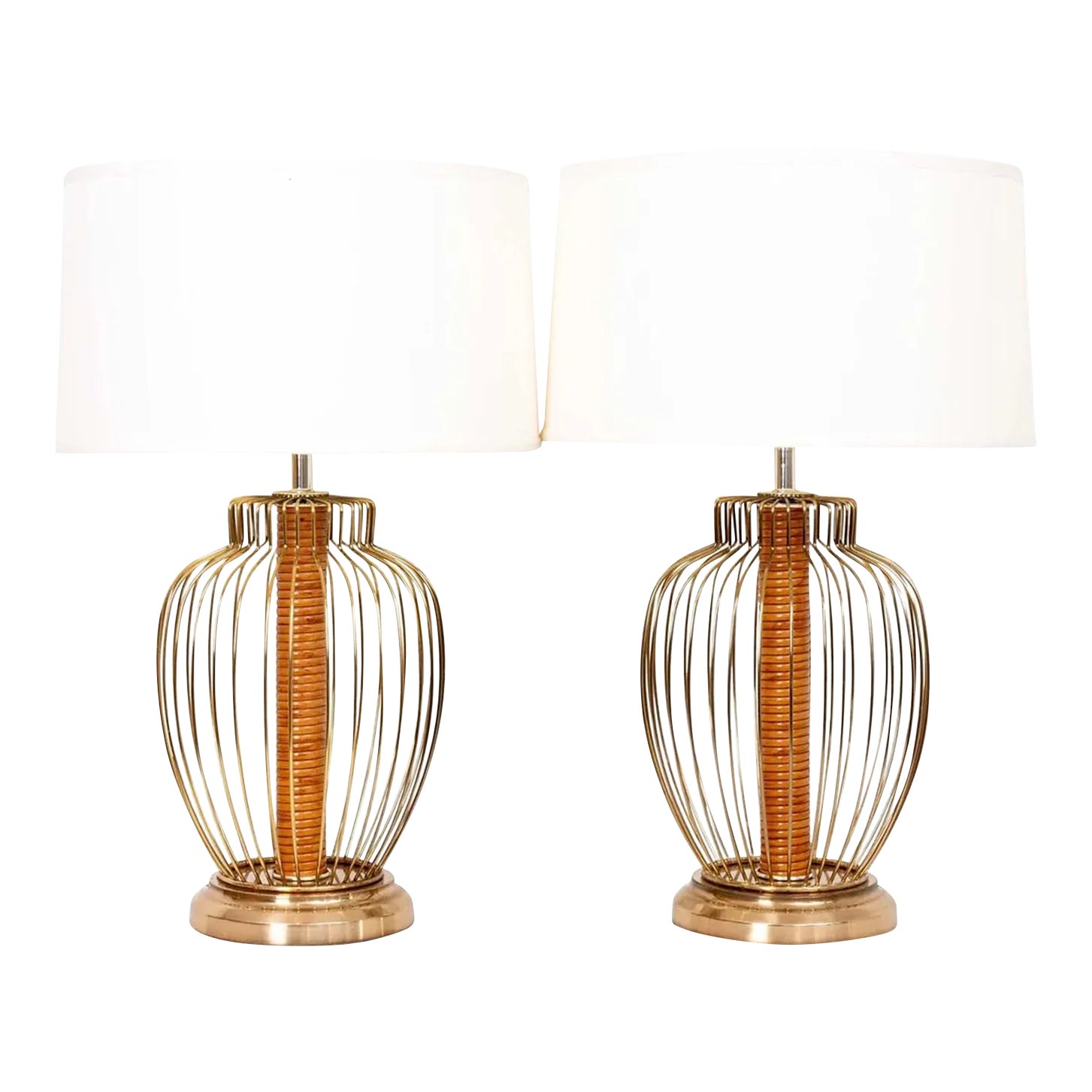 Pair of Brass and Rattan Wrapped Lamps | Chairish