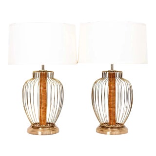 Pair of Brass and Rattan Wrapped Lamps For Sale