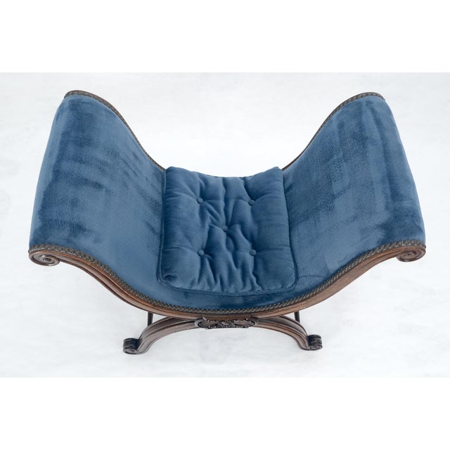 French Carved Wood Scissor Shape Blue Velvet Upholstery Bench