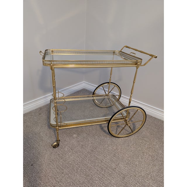 Mid 20th Century Hollywood Regency Mirrored Glass and Brass Trolley Bar Cart For Sale - Image 9 of 9