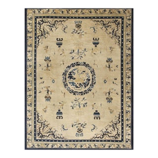 1890s Beige Field Medallion Qing Antique Chinese Peking Carpet Rug 8'8" X 11'5" For Sale
