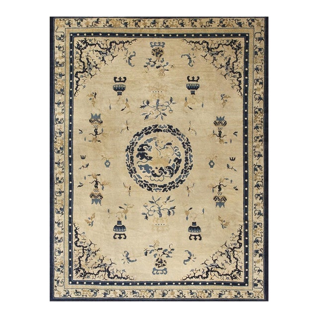 1890s Beige Field Medallion Qing Antique Chinese Peking Carpet Rug 8'8" X 11'5" For Sale