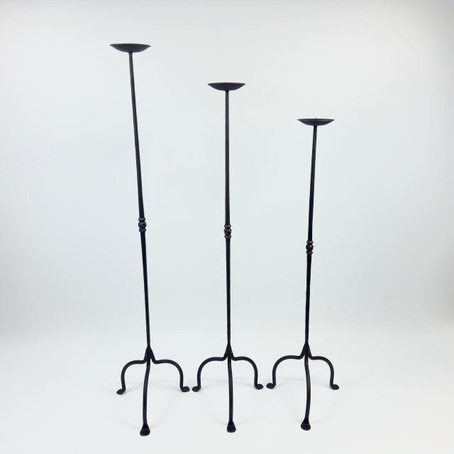 Hand Forged Iron Candelabra Set of 3 (95-115cm) Antique Copper Finish Straight Stem with Compact Arched Base For Sale - Image 6 of 6