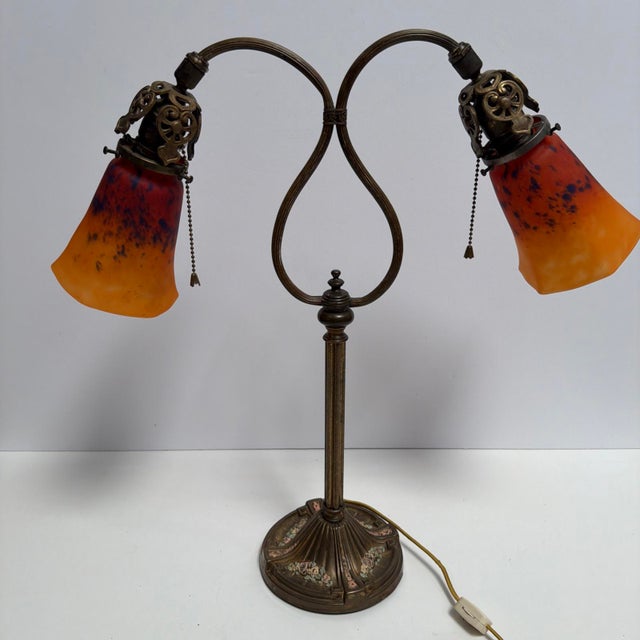 Art Nouveau Antique Art Nouveau 2 Light Table Lamp Floral Base Orange Glass 21” W -Works For Sale - Image 3 of 9
