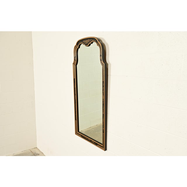 Mid-Century Modern Drexel Heritage Hollywood Regency Chinoiserie Hand-Painted Black Lacquered Tall Wall Mirror For Sale - Image 3 of 12