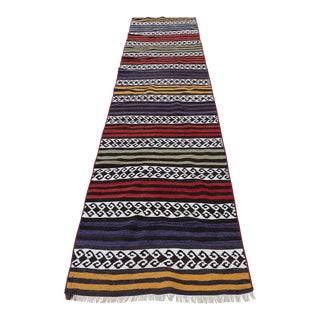 1970s Turkish Tribal Style Stripe Design Handmade Oushak Kilim Runner Rug For Sale