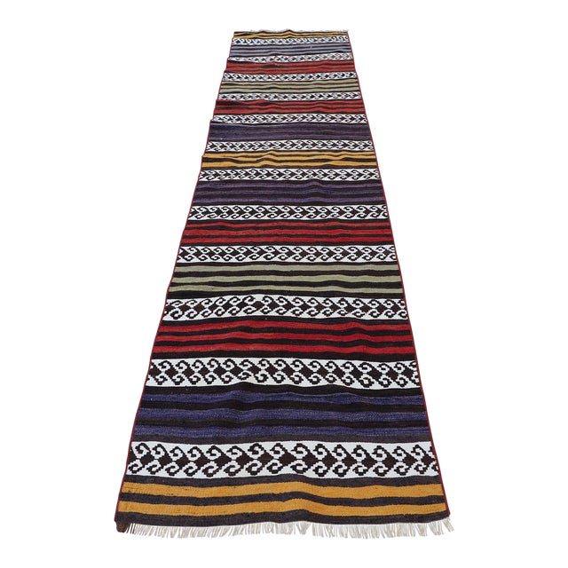 1970s Turkish Tribal Style Stripe Design Handmade Oushak Kilim Runner Rug For Sale