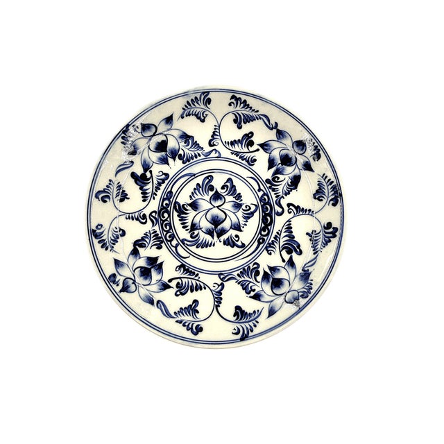 Set of 4 Bat Trang Vietnamese Ceramic Dessert/Salad Plates With Blue & White Lotus Floral Motifs For Sale - Image 4 of 8