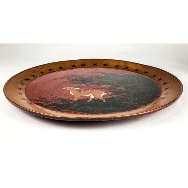 Rustic Hand Turned Large Round Vintage Solid Wood Deer Painted Tray For Sale - Image 3 of 13