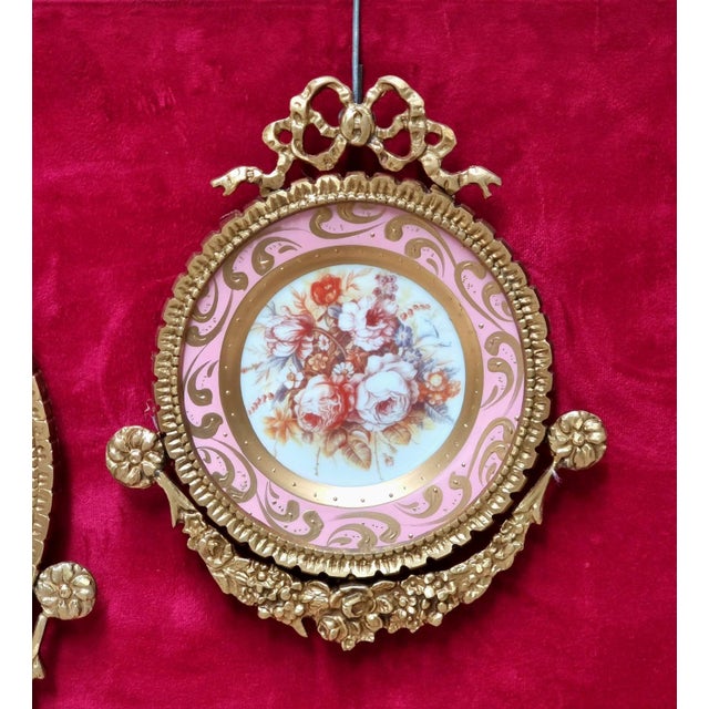 Set of 3 Baroque Ceramic Pink Wall Art Pieces With Ornate Gold Frames & Floral Artwork For Sale - Image 4 of 4