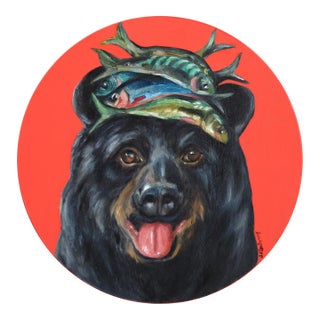 Black Bear's Fish Tower Top Hat - Original Black Bear and Fish Pop Art Oil Painting For Sale