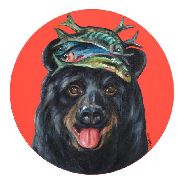 Black Bear's Fish Tower Top Hat - Original Black Bear and Fish Pop Art Oil Painting For Sale