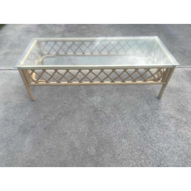 1980s Boho Coastal Lattice Tan Rattan Rectangular Coffee Table | Chairish