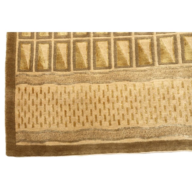 Brown 6'x9' Hand-Knotted Modern Tibetan Wool & Silk Carved Linear Rug in Gold & Green For Sale - Image 8 of 10