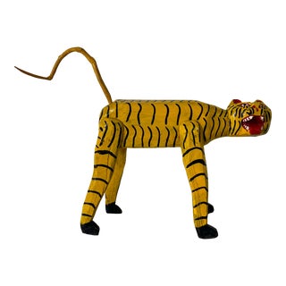 Vintage Hand Carved Wood and Painted Folk Art Tiger Sculpture For Sale