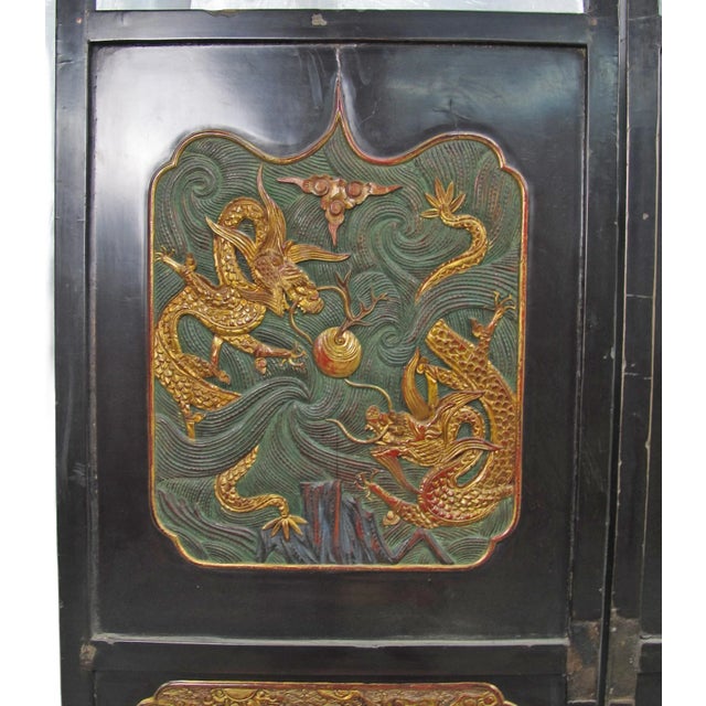 Antique Chinese Room Divider W Hand Carved & Gilded Dragons on Both Sides - Set of 4 For Sale - Image 10 of 13