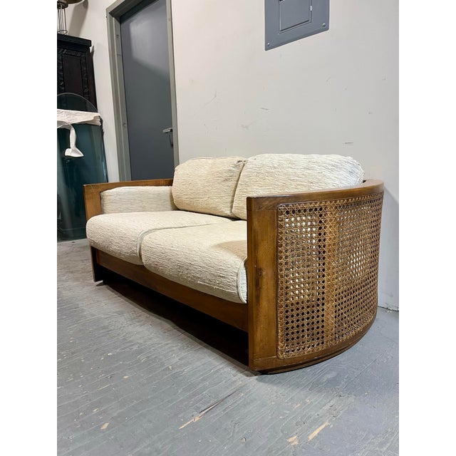 Mid-Century Modern Mid Century Curved Oak and Cane Loveseat Sofa For Sale - Image 3 of 9