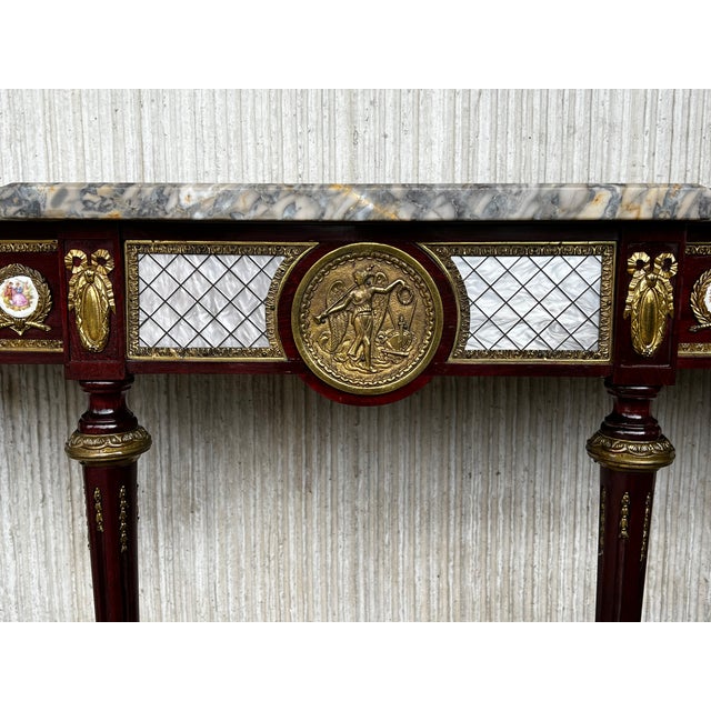 Brass French Console Napoleon III Style Mahogany and Brass With Porcelain Plaques For Sale - Image 8 of 13